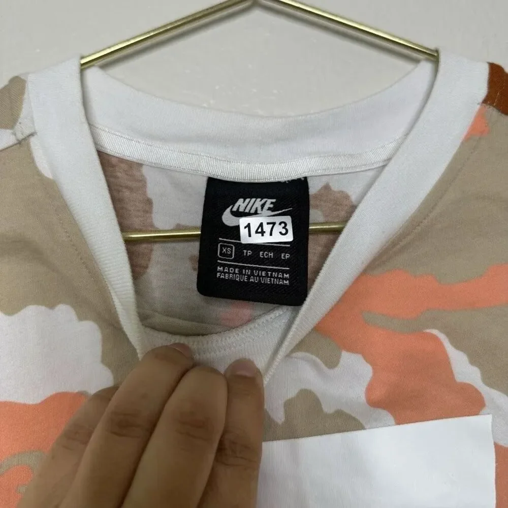 Nike Crop Camo Shirt XS NSW GX Rustic Beige Short Sleeve Boxy White Out Logo